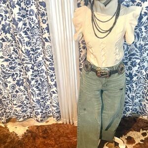 Cream Cable Knit Sweater with Green Jeans sweater ruffle high neck top